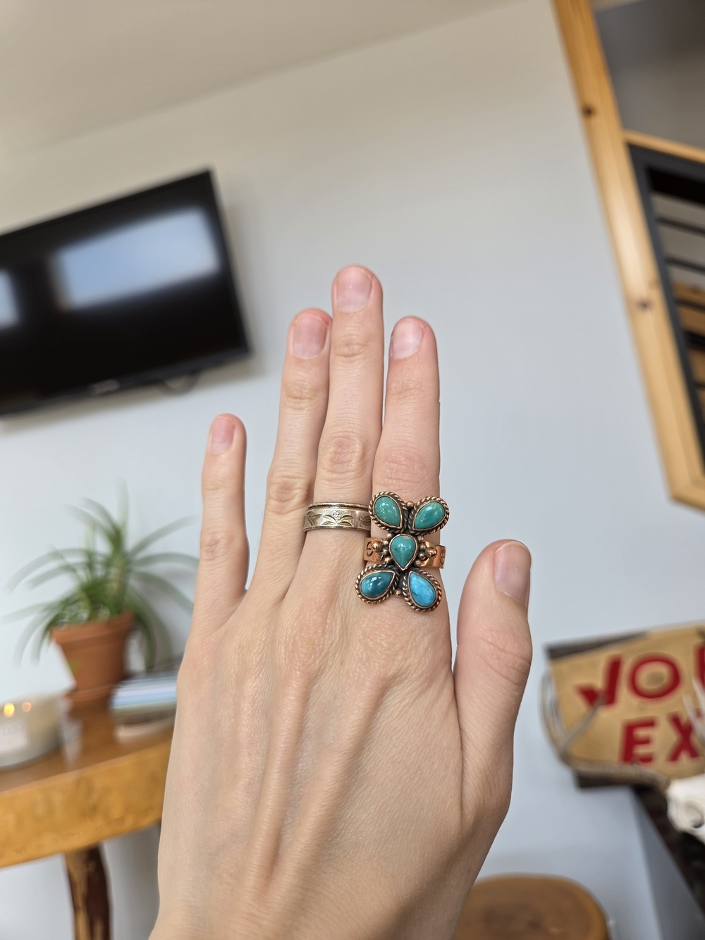 Turquoise Cluster Copper Ring 63